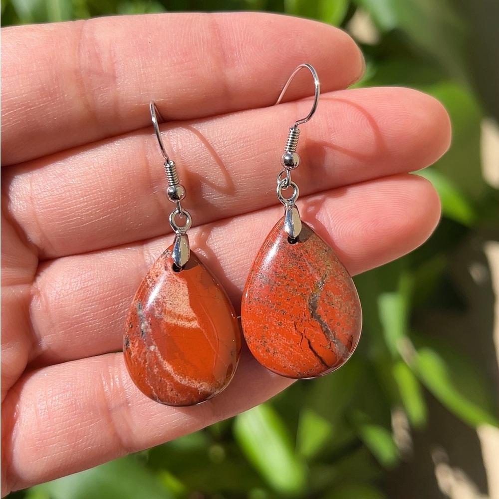 Silver plated red jasper teardrop earrings